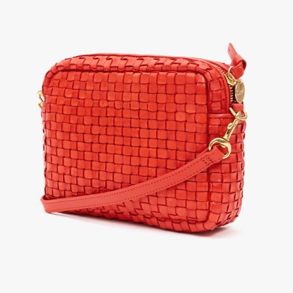 Clare V. Woven Leather Midi Sac in Red Poppy Checker